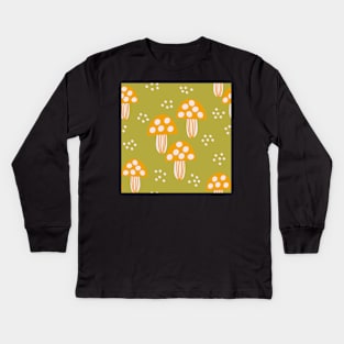 Forest of mushrooms in mustard, cream and green Kids Long Sleeve T-Shirt